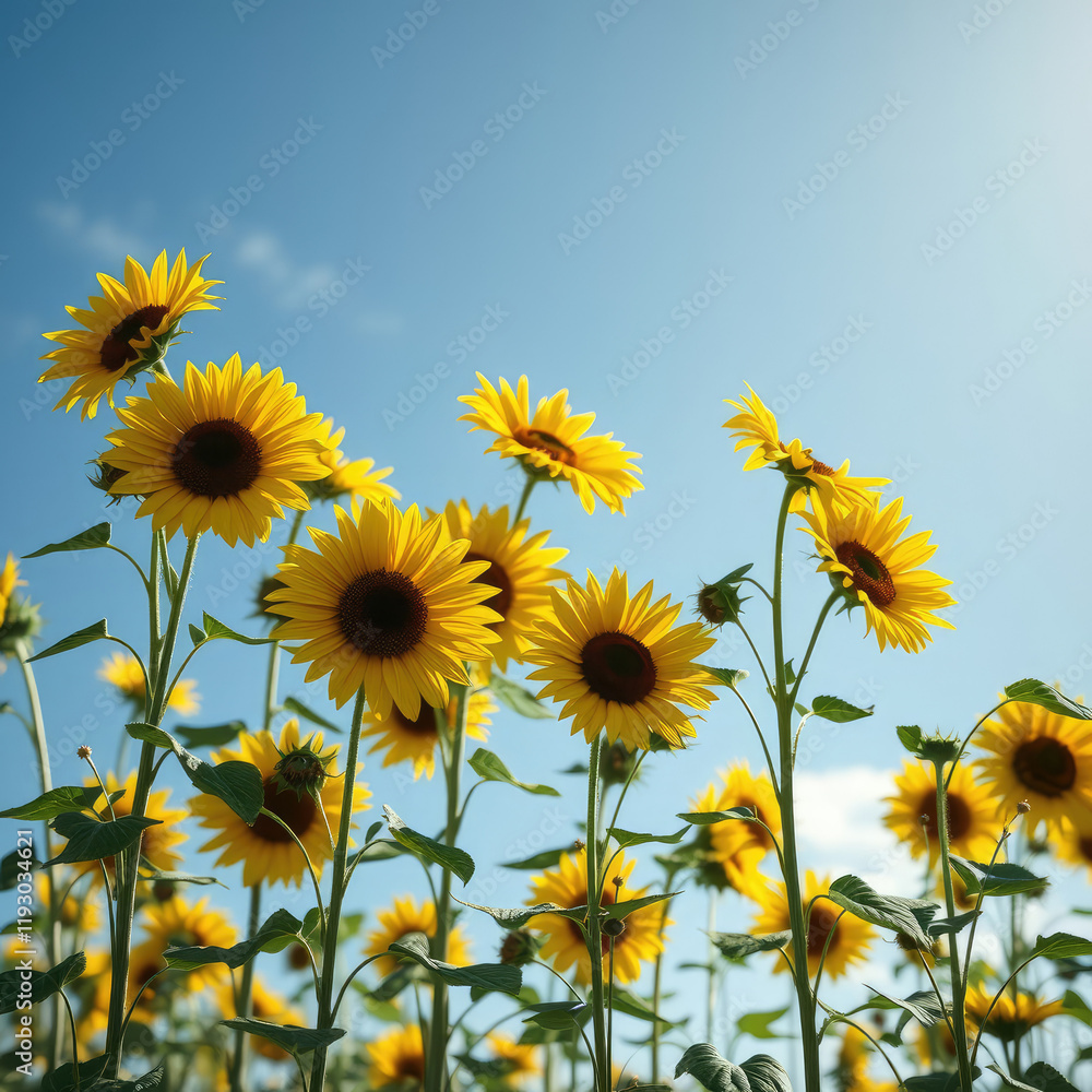 A cluster of sunflowers swaying gently in the breeze as warm sunlight filters through their leaves , plant life, warm sunlight filtering, A cluster of sunflowers swaying gently in the breeze as warm sunlight filters through their leaves , plant life, warm sunlight filtering,