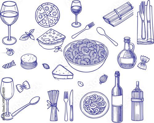 Italian homemade pasta retro vintage doodle drawing. Family dinner, picnic, breakfast or supper with wine, macaroni and snacks. Dolce vita table setting drawings for cafe or restaurant menus design