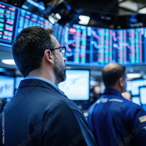 Wall Street's vibrant trading environment filled with stock market graphs. photo