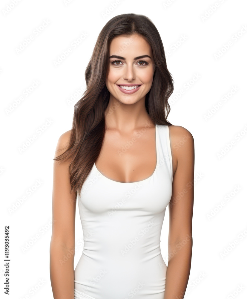 beautiful brunette woman model in white tanktop isolated on white or transparent png beautiful brunette woman model in white tanktop isolated on white or transparent png