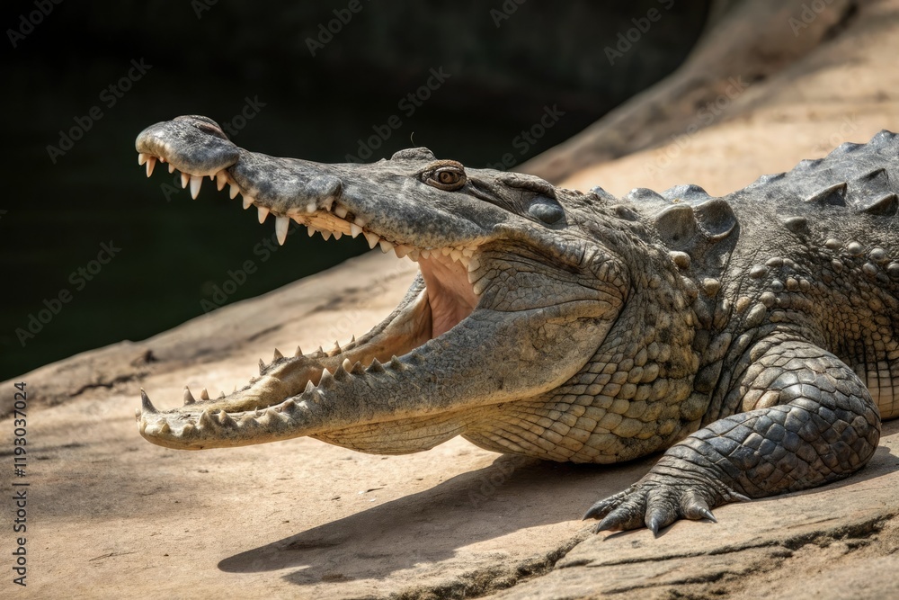 Fototapeta premium A large crocodile's jaws are stretched wide apart revealing a glimpse of the dark inner workings of its mouth, isolation, wildlife, animal, reptile