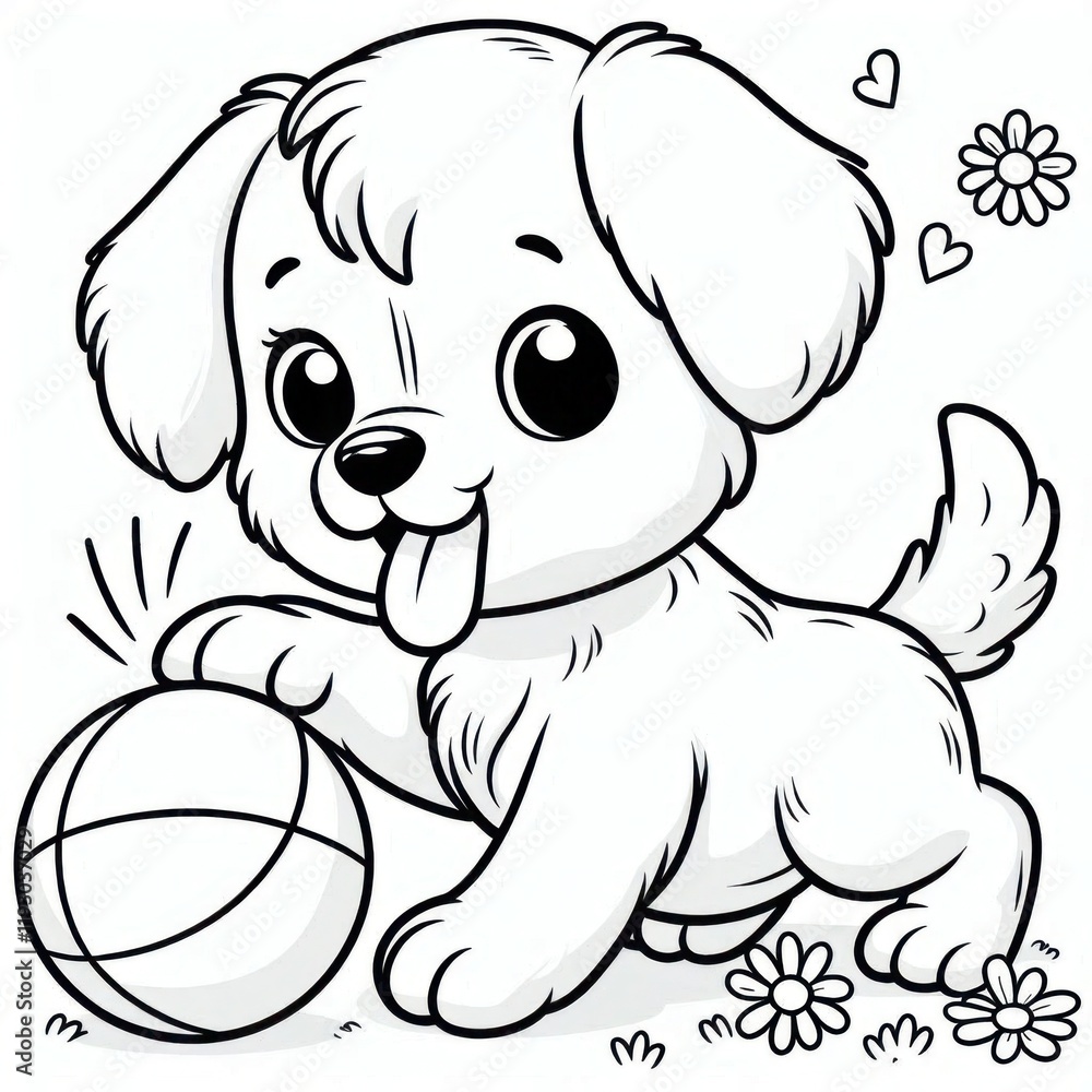 Obraz premium Picture for kids colouring book, black and white puppy picture, adorable puppy with big eyes playing ball, for colouring, colouring book, colouring page