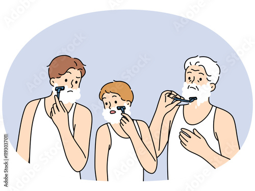 Men different generations shave together, demonstrating continuity of father and son with grandson. Boy and dad with grandfather shaving in bathroom using foam to avoid skin irritation