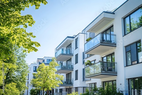 Modern luxury apartment building with large balconies and lush greenery surrounding the property