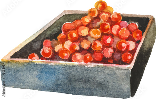 Watercolor painted red caviar. Hand drawn fresh seafood design element isolated on white background.