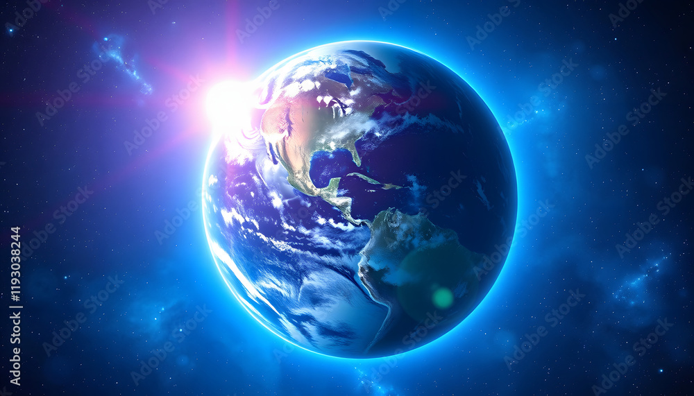 Fototapeta premium Blue space background with earth and galaxy. Abstract wallpaper with planetary glow. Science and education in outer space, 8k unreal engine photorealism, with white tones