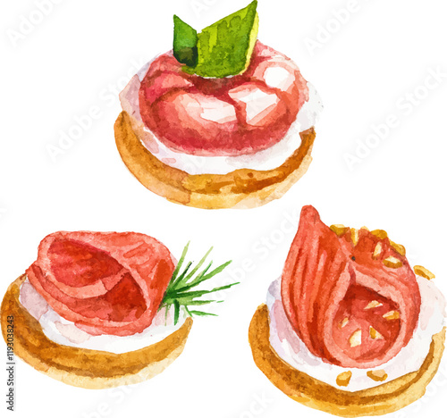 Watercolor painted seafood bruschetta Hand drawn seafood design elements isolated on white background