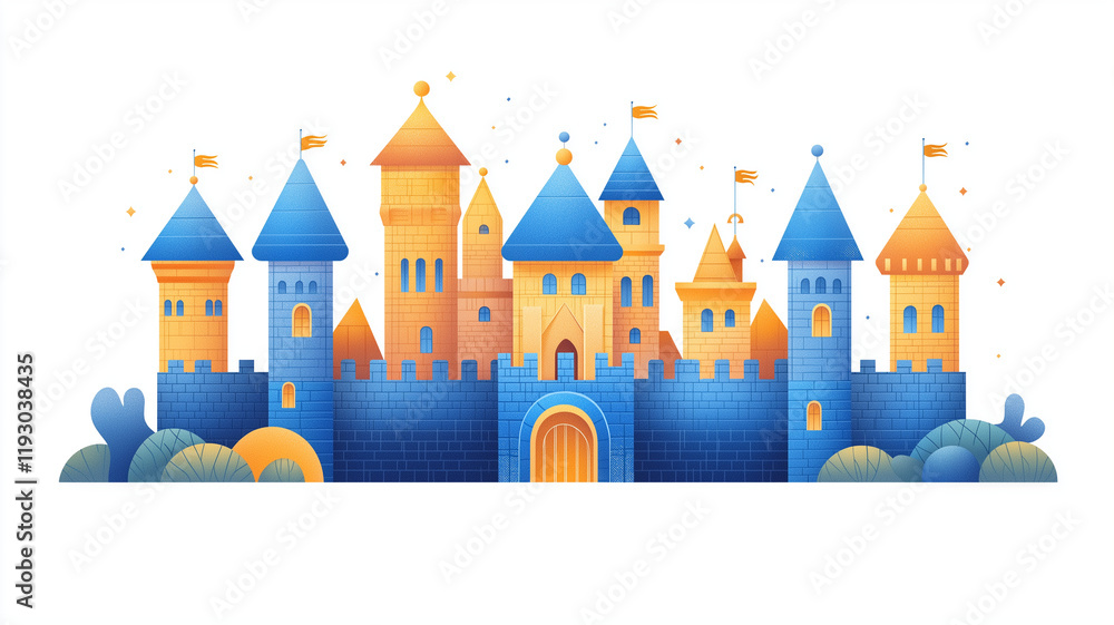 Fototapeta premium colorful flat illustration of toy castle featuring turrets and flags, surrounded by whimsical greenery. This vibrant design evokes sense of playfulness and imagination