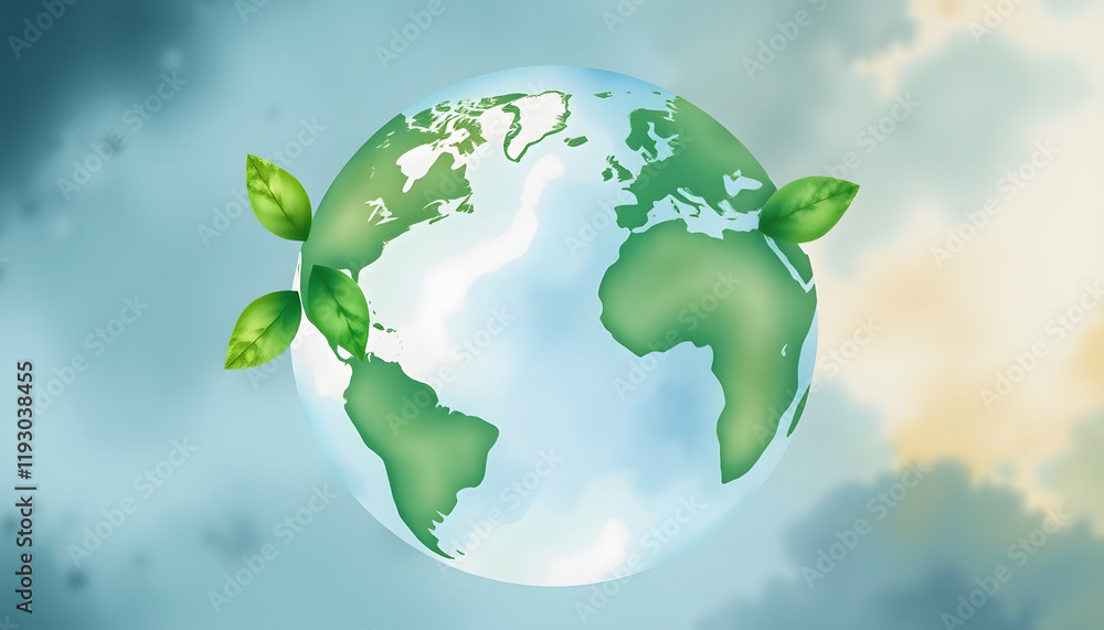 Naklejka premium Watercolor Earth illustration. Hand drawn watercolor planet with green leaves. Earth Day, pixel art, with white tones