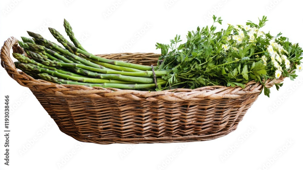 A beautifully arranged bunch of asparagus in a farmer's market basket. A beautifully arranged bunch of asparagus in a farmer's market basket.