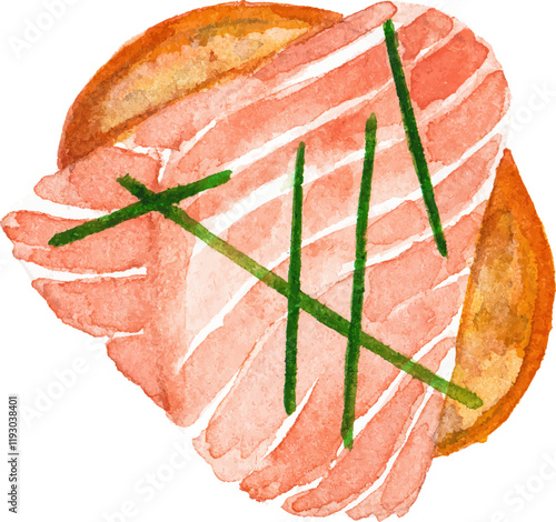 Watercolor painted salmon bruschetta Hand drawn seafood design elements isolated on white background