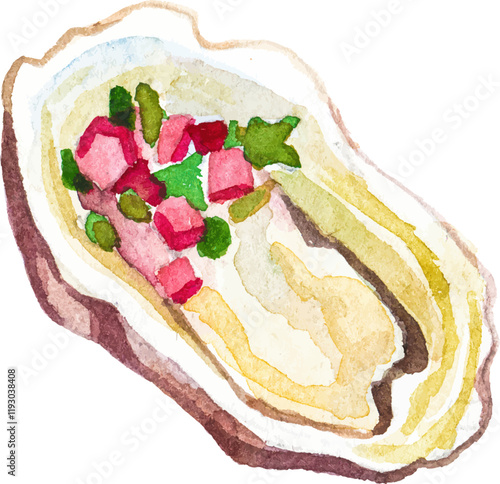 Watercolor painted oysters. Hand drawn fresh seafood design element isolated on white background.