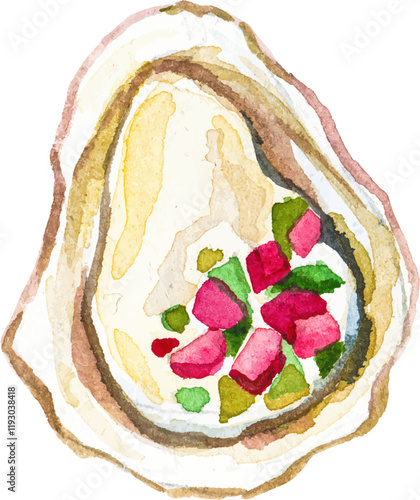 Watercolor painted oysters. Hand drawn fresh seafood design element isolated on white background.