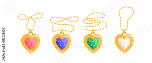 Golden heart pendant with colorful gems. Set of cartoon heart lockets isolated on the white background. Vector illustration