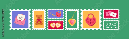 Romantic postal stamps for Valentine's day. Colorful hand drawn postmarks with love theme, teddy bear, heart lock, love letters. Vector illustration set.