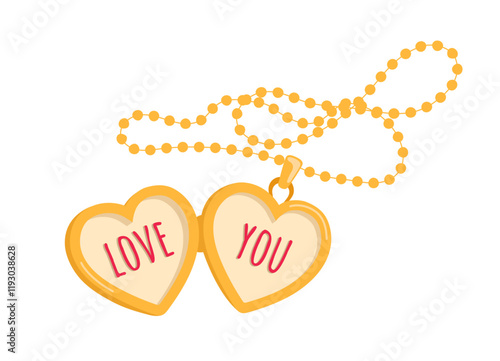 Golden heart pendant with love you words. Vector illustration of romantic heart locket isolated on the white background.
