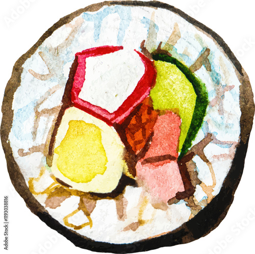 Watercolor painted sushi roll. Hand drawn fresh seafood design element isolated on white background.