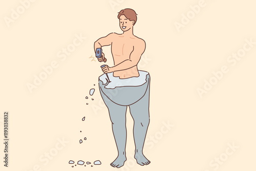 Man is engaged in self-development, creating ideal body, using sculptor professional tools