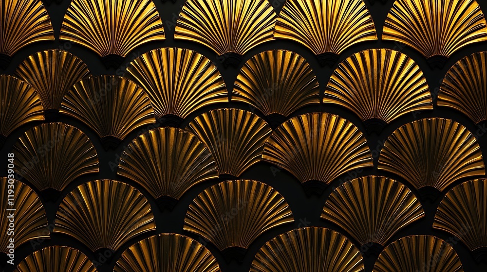 A sharply focused capture of a repeating fan-shaped pattern in shimmering gold against a black background, ideal for classic interior design A sharply focused capture of a repeating fan-shaped pattern in shimmering gold against a black background, ideal for classic interior design