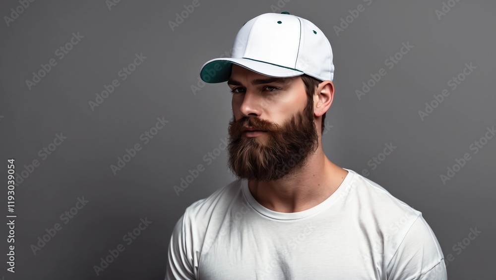 Hipster handsome male model with beard wearing white blank t-shirt and a baseball cap with space for your logo or design in casual urban style Hipster handsome male model with beard wearing white blank t-shirt and a baseball cap with space for your logo or design in casual urban style