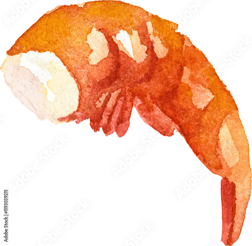 Watercolor painted roasted shrimp. Hand drawn seafood design element isolated on white background.