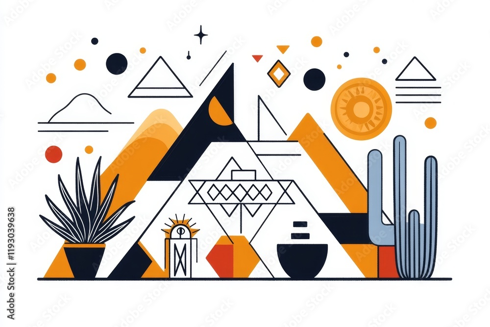 A clean line art illustration of the Pyramid of the Magician featuring stylized Aztec symbols on its facade, drawn in muted earthy tones on a white background A clean line art illustration of the Pyramid of the Magician featuring stylized Aztec symbols on its facade, drawn in muted earthy tones on a white background