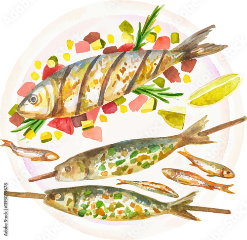 Watercolor painted baked fish. Hand drawn fresh seafood design element isolated on white background.