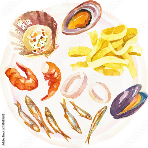 Watercolor painted seafood. Hand drawn fresh seafood design element isolated on white background.