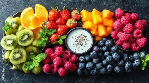 Vibrant assortment of fresh fruits arranged on a dark background, featuring kiwi, strawberries, raspberries, mango, blueberries and orange slices, acc photo