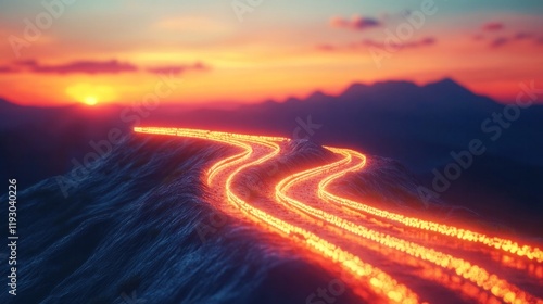 Dramatic and vibrant sunset scene over a winding mountain road with cars illuminating the curving path through the rugged landscape  Glowing lights and traffic create a captivating atmospheric image