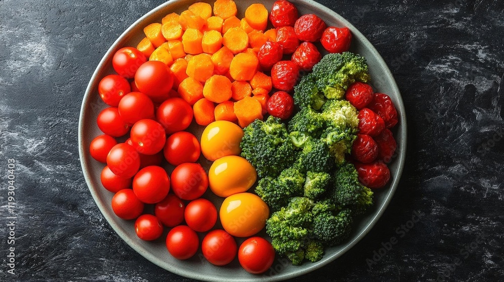 Vibrant assortment of fresh vegetables and fruits arranged on a plate, promoting healthy eating and balanced nutrition. Vibrant assortment of fresh vegetables and fruits arranged on a plate, promoting healthy eating and balanced nutrition.
