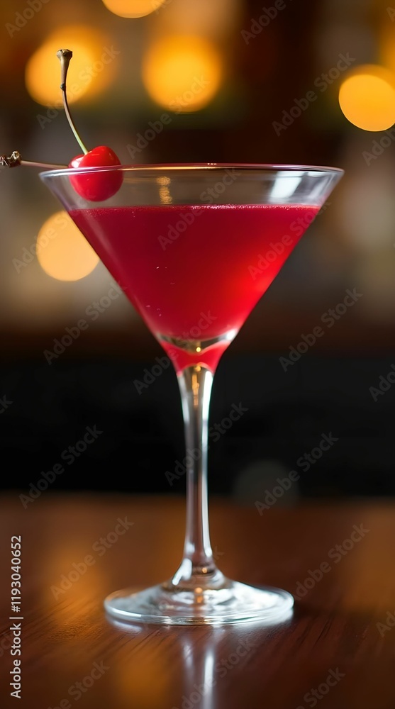 Colorful cocktail garnished with cherry served at a modern bar during evening hours Colorful cocktail garnished with cherry served at a modern bar during evening hours