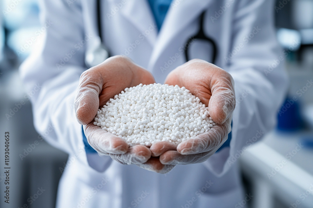 Chemist showcasing white pellets in a laboratory setting during daytime, emphasizing research and material analysis Chemist showcasing white pellets in a laboratory setting during daytime, emphasizing research and material analysis
