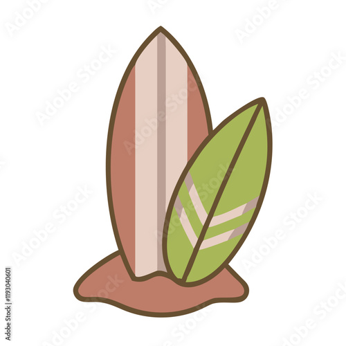 Surfboard icon with green leaf on sandy background