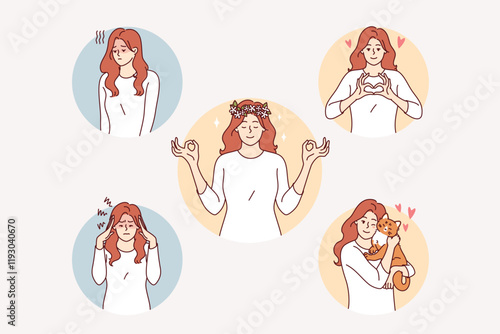Woman uses meditation to get rid of depression and gain mental balance in life. Girl practices meditation from yoga or zen buddhism for harmonious development and relaxation after difficult work.