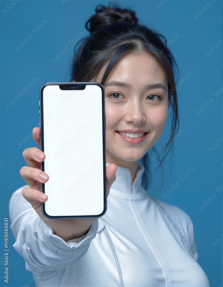 Mobile Phone Mockup with Blank Screen Holding by a Woman, Blue Background. to Showcase UI Design and Digital Connectivity Mobile Phone Mockup with Blank Screen Holding by a Woman, Blue Background. to Showcase UI Design and Digital Connectivity