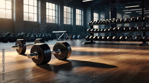 3D rendering of a modern fitness studio with sleek dumbbells on the floor, advanced training equipment in the background, and ambient lighting creating a motivational atmosphere.

