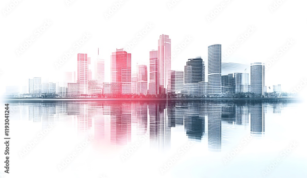 Fototapeta premium Abstract city skyline with vibrant colors and reflections, modern urban landscape at sunset
