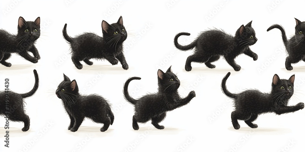 Fototapeta premium Six black kittens playing; white background; playful action; print, web