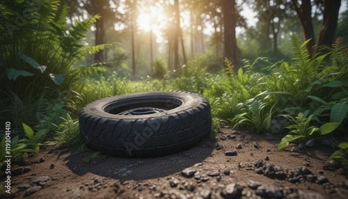 A solitary used tire lies on the ground amidst overgrown vegetation, nature, landscape