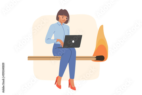 Strict deadlines for business woman sitting on burning match with laptop in hands. Girl types text on computer, demonstrating resistance to stress despite deadlines and time pressure.