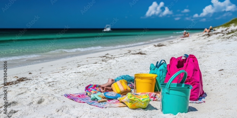 Family Enjoying a Fun Beach Day with Picnic Setup on a Bright and Sunny Shoreline Family Enjoying a Fun Beach Day with Picnic Setup on a Bright and Sunny Shoreline