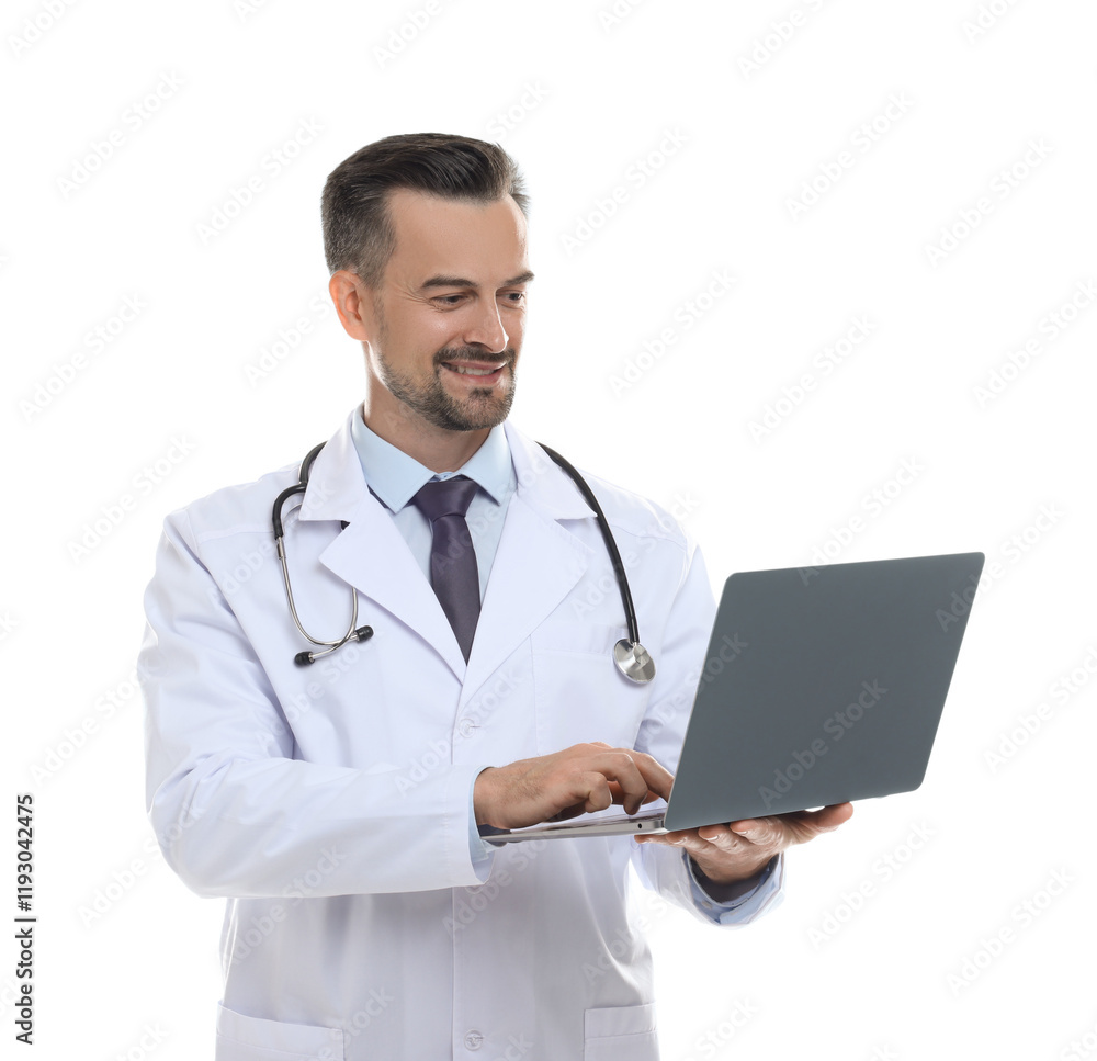 Smiling doctor with stethoscope using laptop on white background Smiling doctor with stethoscope using laptop on white background