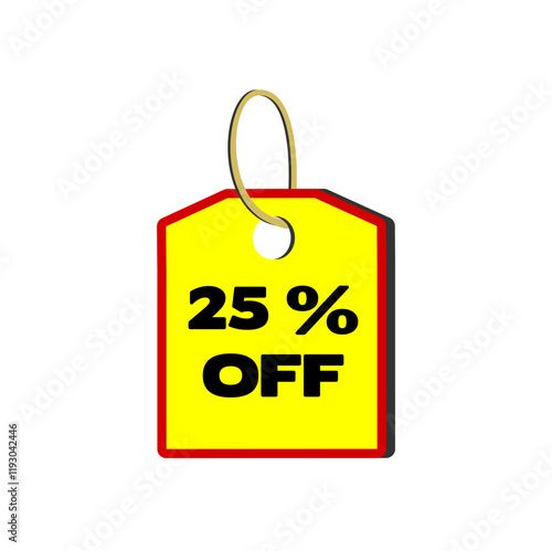 25% off yellow tag with red border, beige cord and white background