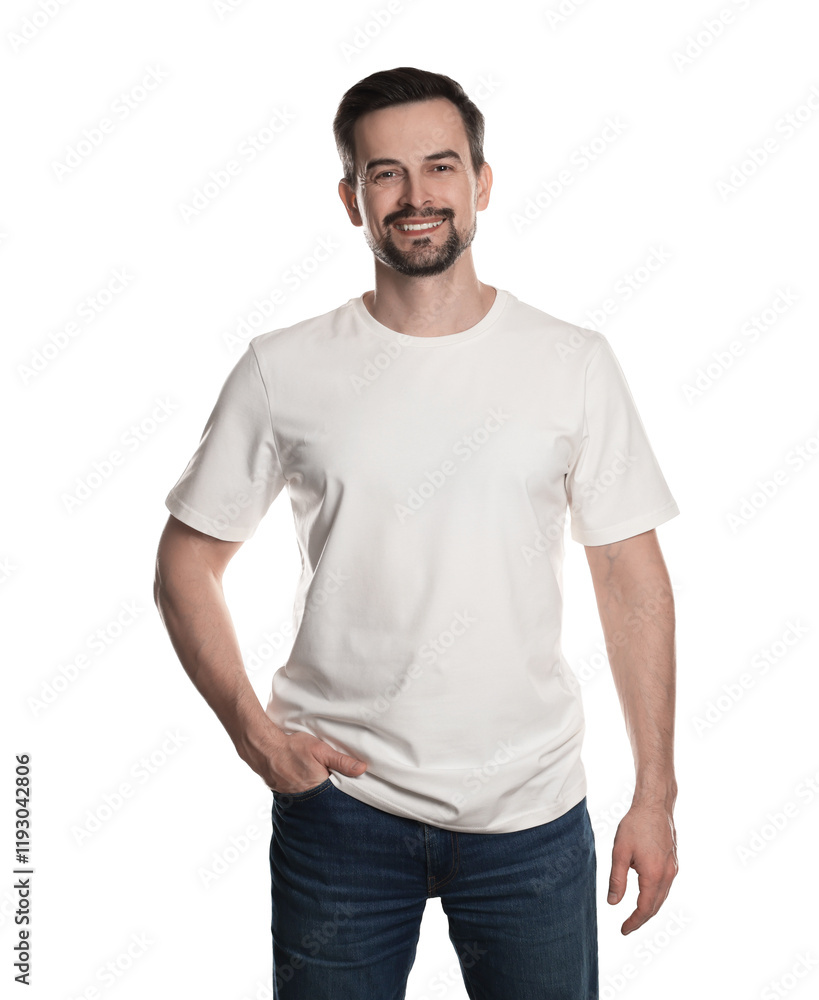 Man in blank t-shirt on white background. Mockup for design Man in blank t-shirt on white background. Mockup for design