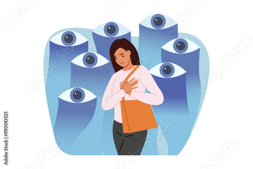 Woman feels surveillance of society, stands near giant eyes that violate personal space. Public control and surveillance causes depression and pressure, which negatively affects psychological state