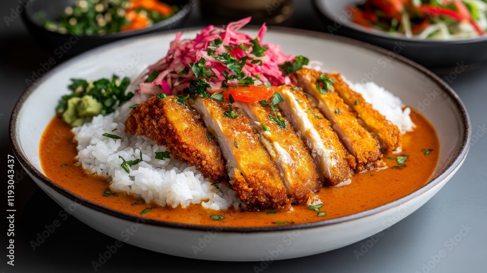 A hearty plate of Japanese curry with crispy tonkatsu, served over white rice and garnished with pickled red ginger and parsley, alongside a fresh green salad. A hearty plate of Japanese curry with crispy tonkatsu, served over white rice and garnished with pickled red ginger and parsley, alongside a fresh green salad.