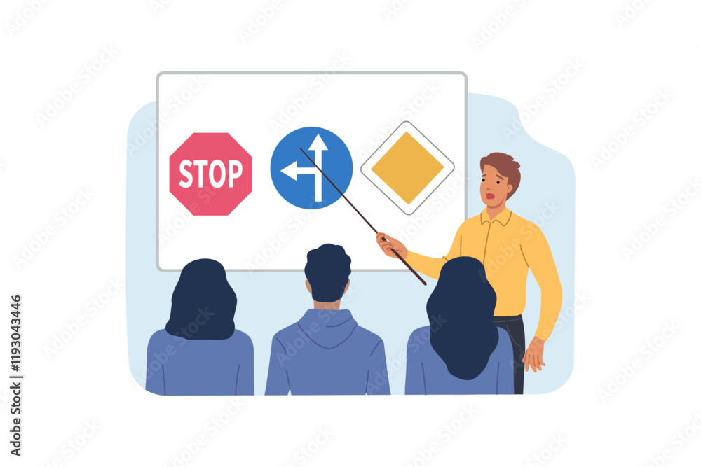 Lesson in driving school with people learning rules of road, and teacher demonstrating stop or turn signs. Training in traffic rules at school to gain opportunity to work in taxi or public transport Lesson in driving school with people learning rules of road, and teacher demonstrating stop or turn signs. Training in traffic rules at school to gain opportunity to work in taxi or public transport
