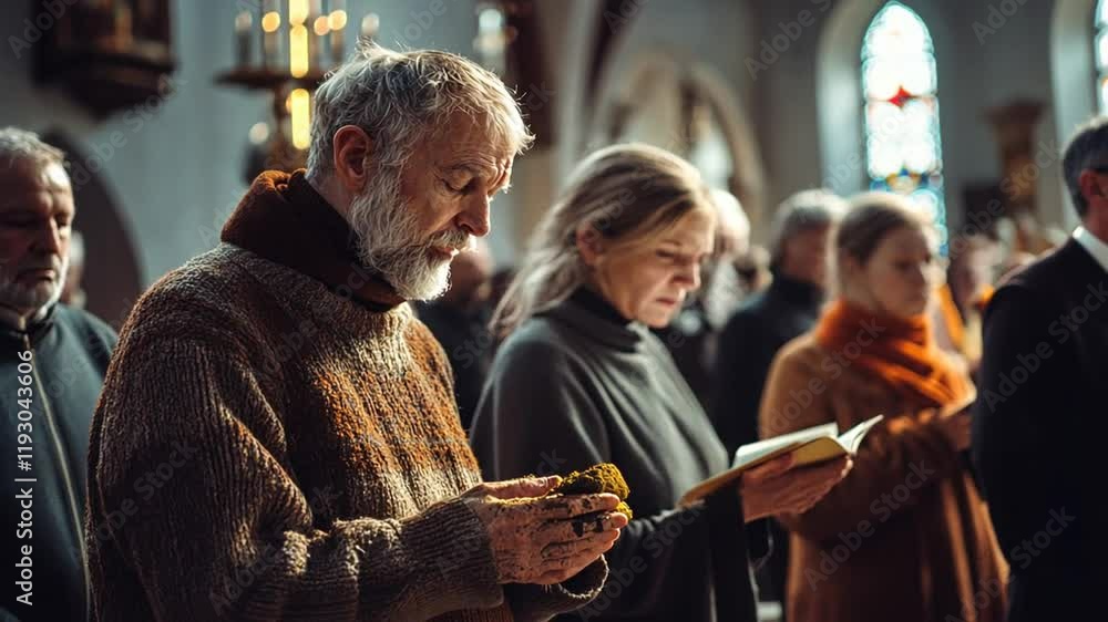 A somber gathering of faithful individuals in a church, engaged in quiet prayer and reflection. A somber gathering of faithful individuals in a church, engaged in quiet prayer and reflection.