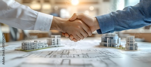 Business handshake over architectural plans partnership and agreement in real estate or construction